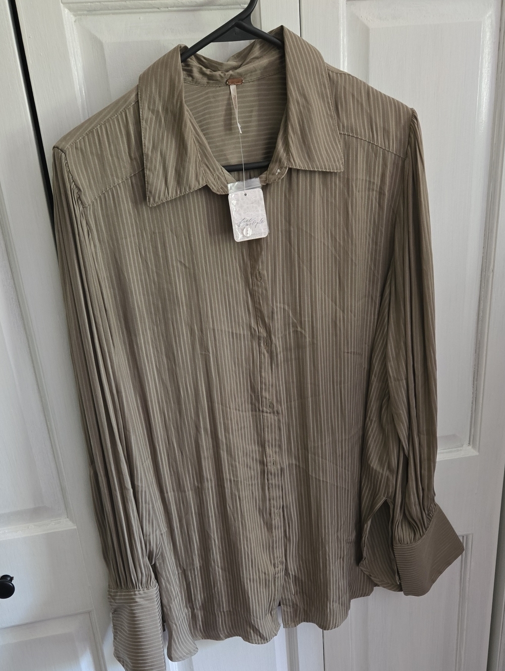 Women's FP Light Olive Green Pinstripe Long-Sleeve Shirt